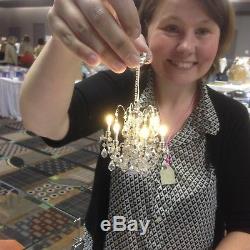 SILVER Crystal Chandelier 6arm battery LED LAMP Dollhouse miniature light switch