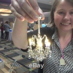 SILVER Crystal Chandelier 6arm battery LED LAMP Dollhouse miniature light switch