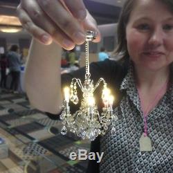 SILVER Crystal Chandelier 6arm battery LED LAMP Dollhouse miniature light switch