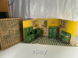 Scarce HOGE Toy c. 1930 Miniature Tin Dollhouse Furniture Kitchen Room Set in Box