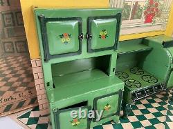 Scarce HOGE Toy c. 1930 Miniature Tin Dollhouse Furniture Kitchen Room Set in Box