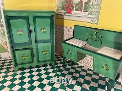 Scarce HOGE Toy c. 1930 Miniature Tin Dollhouse Furniture Kitchen Room Set in Box