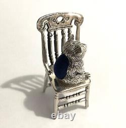 Sterling Silver Victorian Miniature Dolls house Teddy Bear Pin Cushion and chair