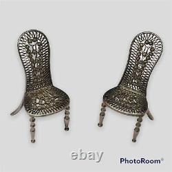 Superb Antique Dolls House Furniture Pair of Silver Miniature Filigree Chairs