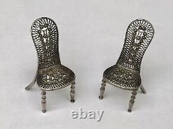 Superb Antique Dolls House Furniture Pair of Silver Miniature Filigree Chairs