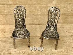 Superb Antique Dolls House Furniture Pair of Silver Miniature Filigree Chairs