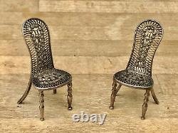 Superb Antique Dolls House Furniture Pair of Silver Miniature Filigree Chairs