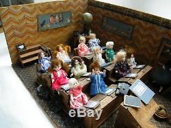 Superb Rare Antique Miniature Dollhouse/Schoolhouse Complete with 13 Dolls