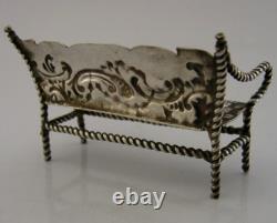 VICTORIAN DUTCH SOLID SILVER MINIATURE DOLLS HOUSE SOFA SETTEE c1890 3in ANTIQUE