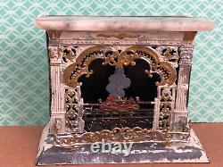 VICTORIAN MINIATURE Fireplace Dollhouse Metal Marble Mantle withTongs c1880 GERMAN