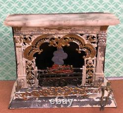 VICTORIAN MINIATURE Fireplace Dollhouse Metal Marble Mantle withTongs c1880 GERMAN