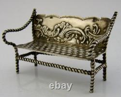 VICTORIAN SILVER MINIATURE DOLLS HOUSE SOFA SETTEE c1890 3in ANTIQUE