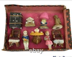 VINTAGE ENESCO MINIATURE DOLL HOUSE FURNITURE AND DOLLS SET- New