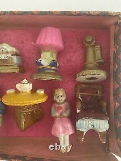 VINTAGE ENESCO MINIATURE DOLL HOUSE FURNITURE AND DOLLS SET- New