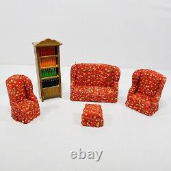 VTG Doll House Miniature Couch & Chairs Red Flower Furniture Bookshelf Lundby