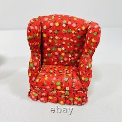 VTG Doll House Miniature Couch & Chairs Red Flower Furniture Bookshelf Lundby