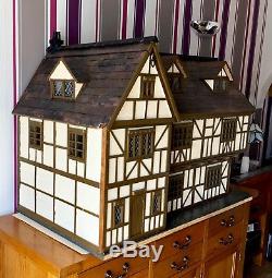 Very Large Tudor Style Dolls House 3 Floors With Lighting Furniture & Dolls