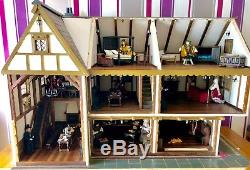 Very Large Tudor Style Dolls House 3 Floors With Lighting Furniture & Dolls