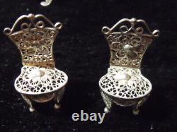 Vintage 1900's Sterling Silver Doll House Furniture TABLE & 2 CHAIRS FILIGREE
