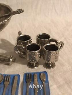 Vintage 1978 IMPERIAL Silver Cast Metal Dollhouse Miniatures Tea Set 51 pcs