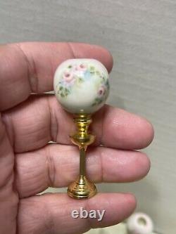 Vintage Artisan MINNICK Pair Rose Globe & Brass Lamps Dollhouse Miniature 112