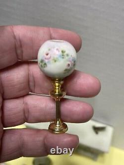 Vintage Artisan MINNICK Pair Rose Globe & Brass Lamps Dollhouse Miniature 112
