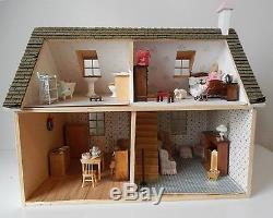 Vintage Built Handcrafted French Cottage Wooden Dollhouse with Furniture People