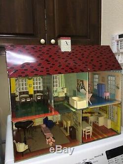 Vintage Large Tin Metal Litho Playsteel Two Story Colonial Doll House