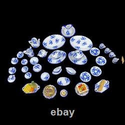Vintage Miniature Doll House Accessories Blue White Dinner Set + Food Items
