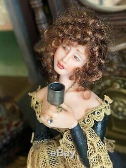 Vintage Miniature Dollhouse ARTISAN Sculpted Beautiful 18th Century Lady CHEERS