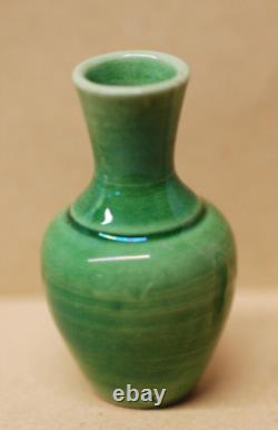 Vintage Miniature Green Glazed Studio Pottery Vase Dolls House 4cm X Mark