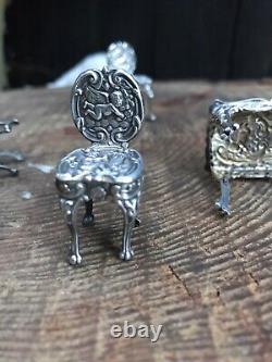 Vintage SILVER MINIATURE DINING TABLE & CHAIRS cherubs doll's house London 1975