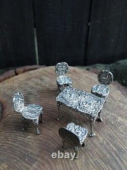 Vintage SILVER MINIATURE DINING TABLE & CHAIRS cherubs doll's house London 1975