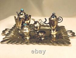 Vintage Silver Eleven Piece Miniature Tea Service Turquoise Doll House