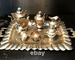 Vintage Silver Eleven Piece Miniature Tea Service Turquoise Doll House