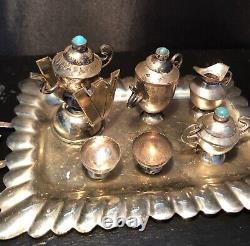 Vintage Silver Eleven Piece Miniature Tea Service Turquoise Doll House