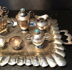 Vintage Silver Eleven Piece Miniature Tea Service Turquoise Doll House