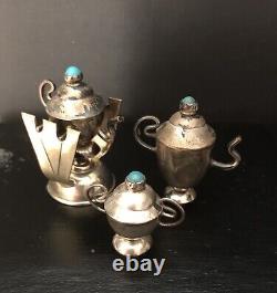 Vintage Silver Eleven Piece Miniature Tea Service Turquoise Doll House