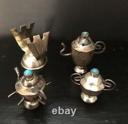 Vintage Silver Eleven Piece Miniature Tea Service Turquoise Doll House