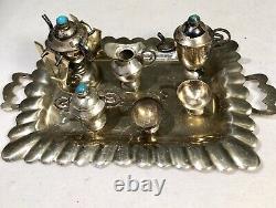 Vintage Silver Eleven Piece Miniature Tea Service Turquoise Doll House