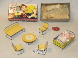 Vintage Tin Toy Miniature Doll House Furniture Tole Celluloid Toy Set Babys +