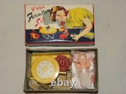 Vintage Tin Toy Miniature Doll House Furniture Tole Celluloid Toy Set Babys +