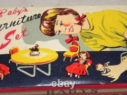 Vintage Tin Toy Miniature Doll House Furniture Tole Celluloid Toy Set Babys +