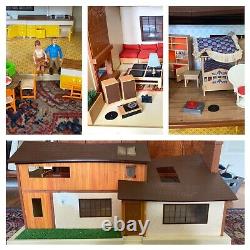 Vintage Tomy Smaller Homes & Gardens Dollhouse, Furniture And 2 People