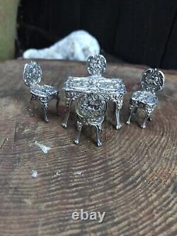 Vintage silver miniature furniture cherubs doll's house London 1975 table chairs