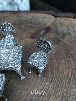 Vintage silver miniature furniture cherubs doll's house London 1975 table chairs