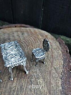 Vintage silver miniature furniture cherubs doll's house London 1975 table chairs