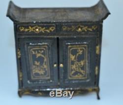 Vtg Black & Gold Chinoiserie Miniature Dollhouse Wood Screen Chairs Tables Set