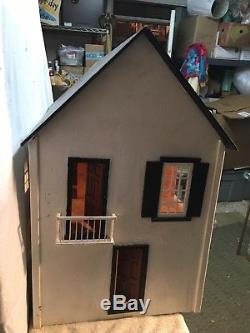 Vtg Wooden Tudor Style Doll House White withBlack trim Five rooms + Attic