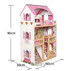 Wooden Dollhouse Large Barbie Play House with Furniture Accessories 17PCS